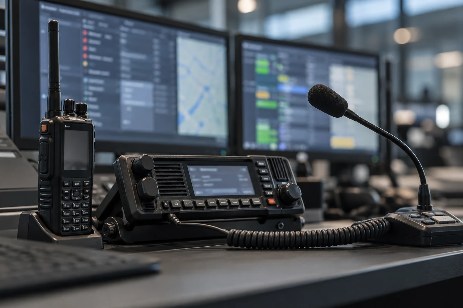 Radioterminal och mikrofon vid en ledningsplats