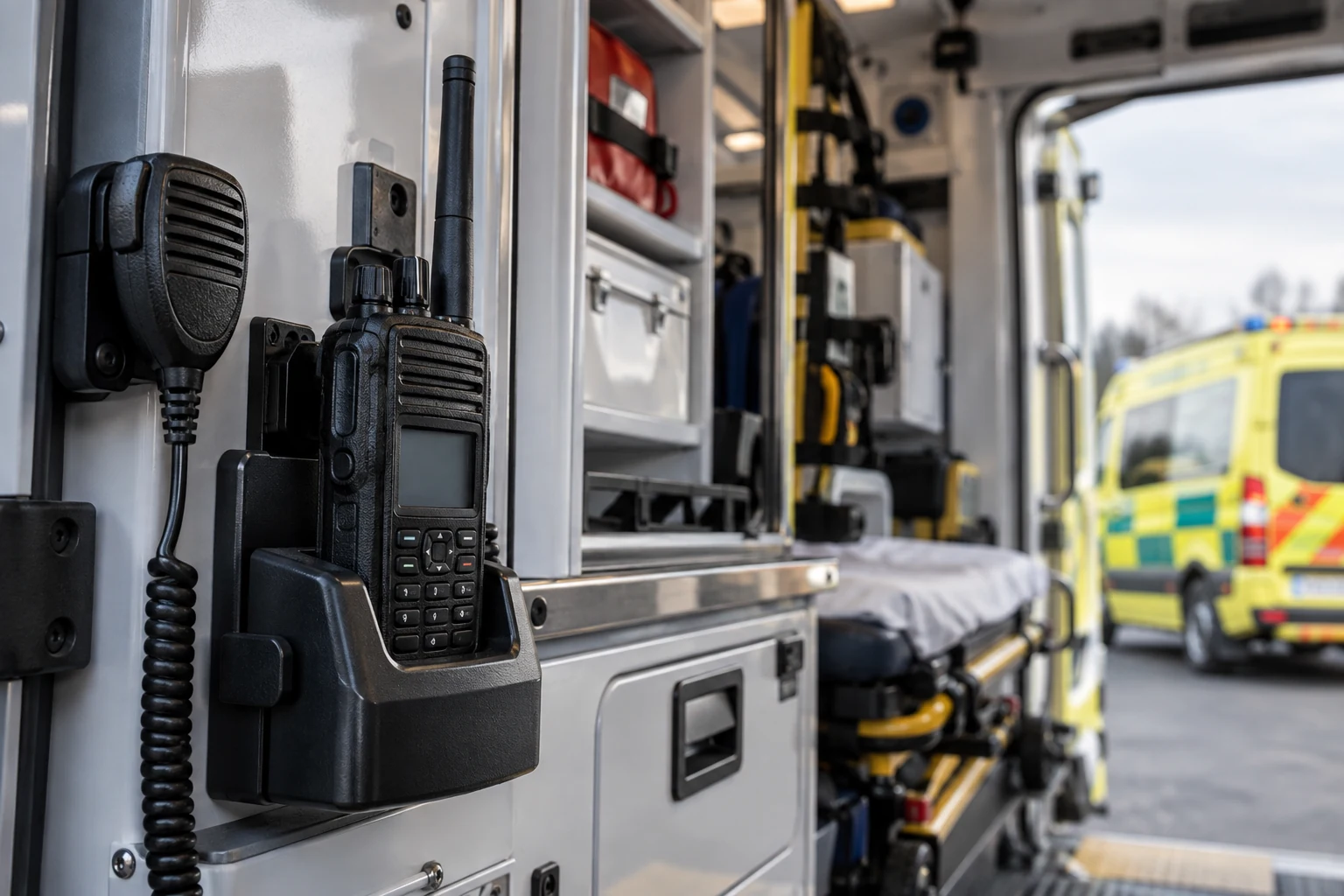 Radio terminal in a charging cradle inside an ambulance