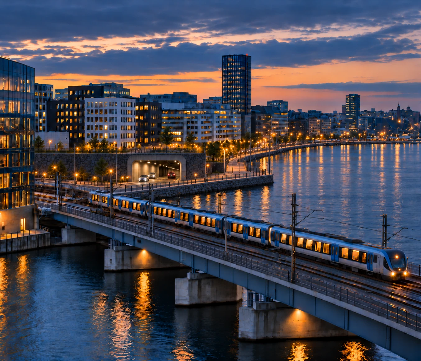 Samhällsinfrastruktur med järnväg och stadsmiljö