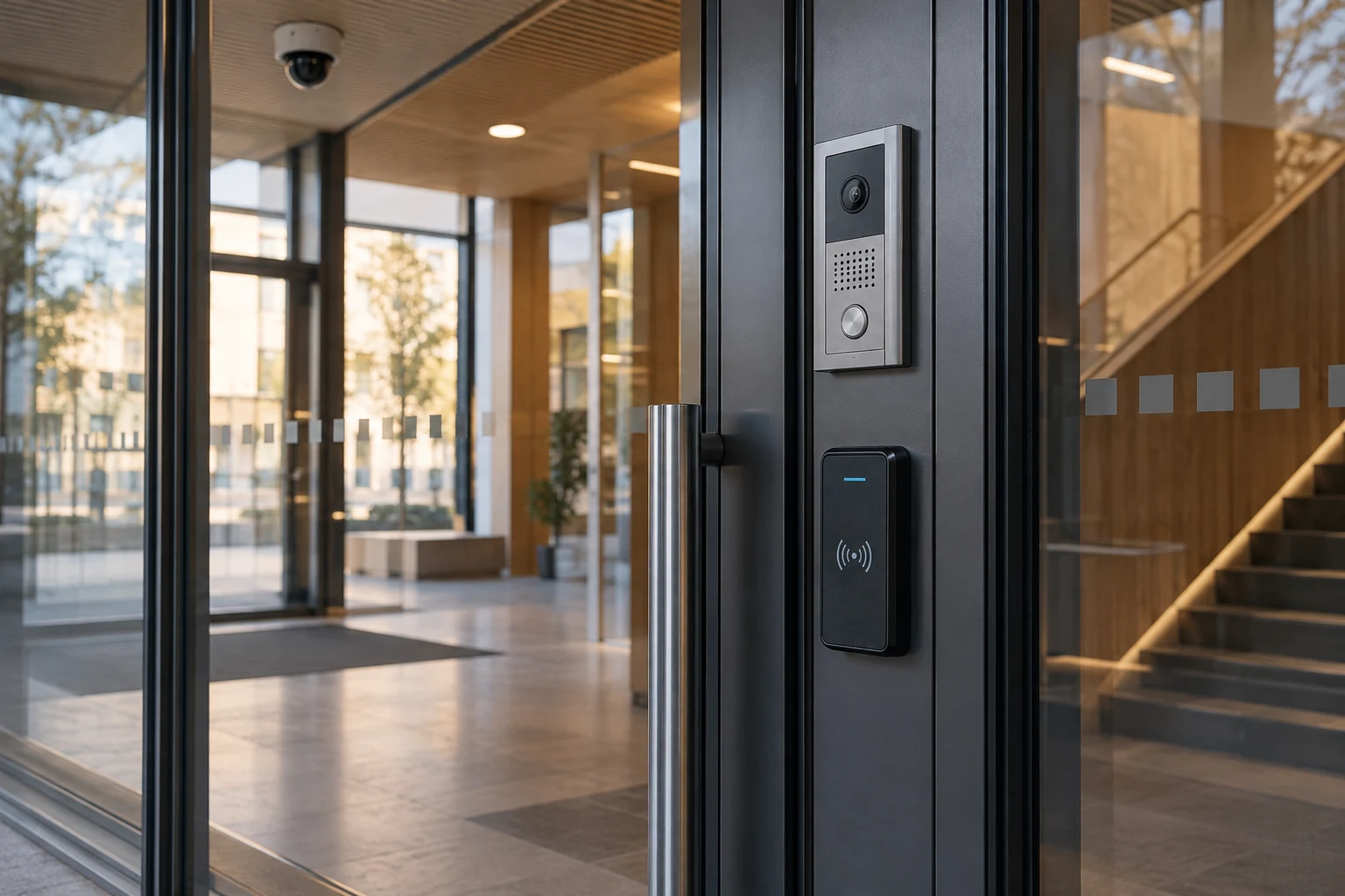 Card reader and intercom at a school entrance