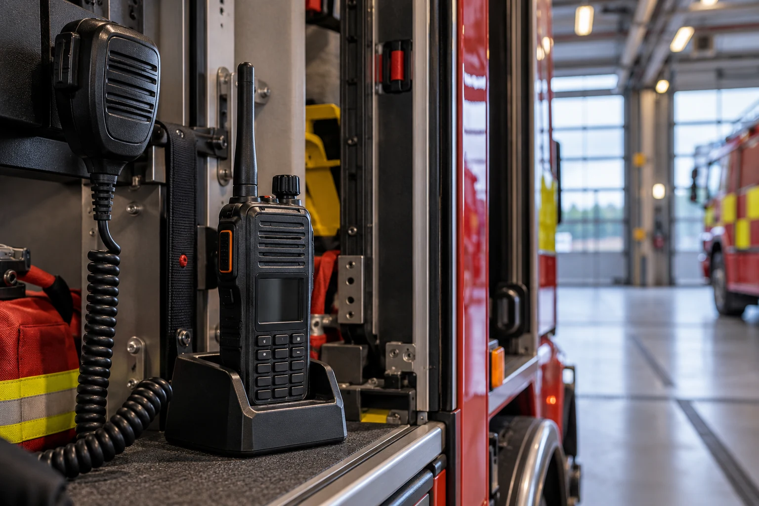 Professionell radioterminal och mikrofon i en brandbilsmiljö